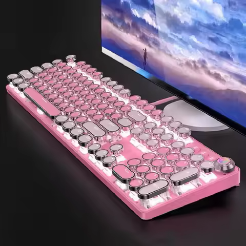 Pink Keboard 104 Keys Layout LED White Backlit Round Keycaps Green Switch Mechanical Keyboard for No
