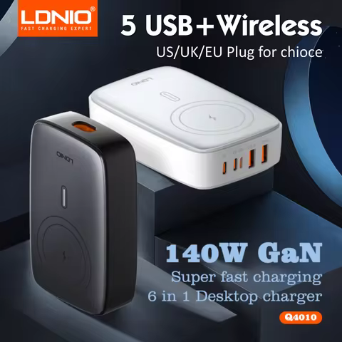 LDNIO 140W 6 in 1 Wireless Charger GaN 65W USB C Charger PD QC USB A Fast Charging Station 6 in 1 De