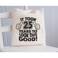 25th Birthday 25th Gifts Tote Bag Cotton Shopping Bag Funny Womens Mens Shopper 6HJN