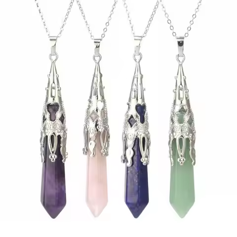 Crystal Pendulum Stone Pendant Necklace For Women Men Natural Amethyst Rose Quartz Hexagonal Prism P