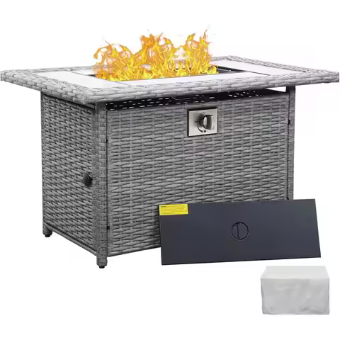 45 Woodgrain Marble Outdoor Gas Fire Pit Table with Blue Crystal Beads & Cover