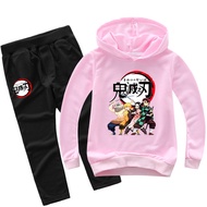 Demon Slayer Boys Hoodie Set Girls Long Sleeve Hooded Sweater Long Pants Anime Pattern Hoodie Wide Mouth Trousers 5199 Spring Autumn Casual Loose Pullover Sweatshirt Suit 2 PCs