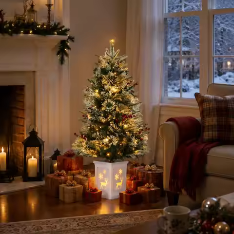 3FT Mini Pre-Lit Artificial Christmas Tree with 78 Warm White Lights & Timer, Snow Flocked Tabletop