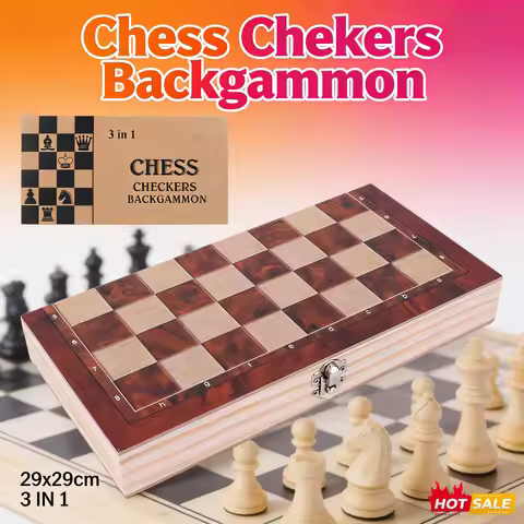 3 in 1 Wooden Chess Set Checkers Backgammon 29cm 11.42inch Foldable Portable Board Game Developing S