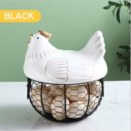 Large Stainless Steel Mesh Wire Egg Storage Basket with Ceramic Farm Chicken Top and Handles