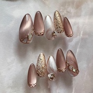 Brown Smudged Cat Eyes 3D Rhinestone Decoration Long Almond Shape Fake Nails 24 Pcs/box Z980