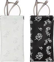 2 Pack Eyeglass Pouches, Elegant Leaf Pattern, Soft Squeeze Top Glasses Cases for Women, Black and W