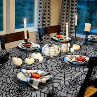 Elegant Black Lace Halloween Tablecloth 60x84 Inches - Spider Web And Spider Design For Spooky Dinin