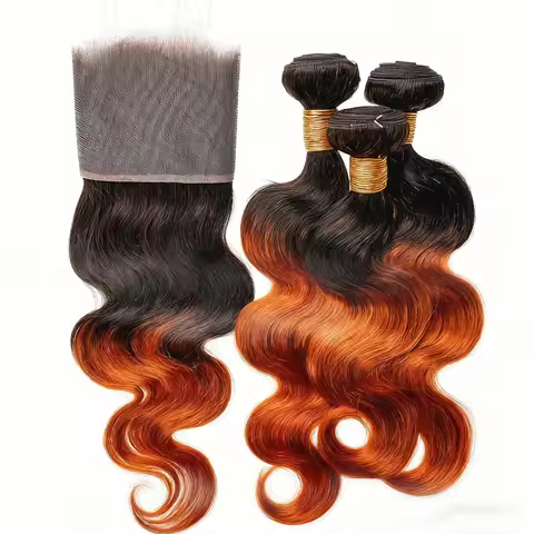T1b/350 Ombre Ginger Colored Body Wave Bundles With HD Closure Human Hair 3/4 Bundles With Closure B