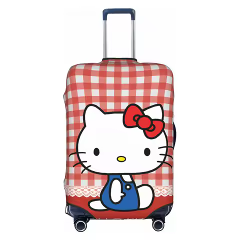 Custom Cartoon Hello Kitty Red Bow Anime Luggage Cover Washable Red And White Gingham Suitcase Cover