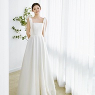 Airuchu Áo Choàng Dây Đơn Giản Đám Cưới Vải Satin Pháp Nhẹ Váy Cưới Cô Dâu Ve Áo Đăng Ký Nhỏ Đầm Trắ