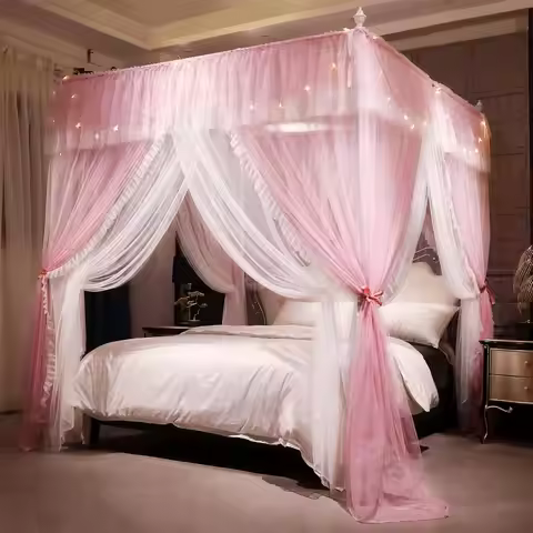 Double Layer Princess Bed Canopy with Ruffle Design - Pink/White, 53"W x 78"L x 82"H, Mosquito Net f