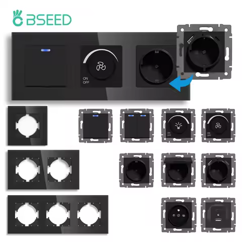 BSEED EU Standard Button Light Switch 1/2Gang 1/2Way Wall Socket USB Type-C DIY Function Parts Glass