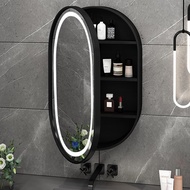 Nordic Solid Wood Oval Bathroom Mirror Cabinet Wall Hanging Smart with Light with Fog Removal Toilet Mirror with Storage