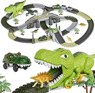 TUMAMA Dinosaur Toys Race Track, 281 Pcs Dinosaur Train Set for Kids 3-5 5-7, Flexible Train Tracks with 4 Dinosaurs Figures, 2 Electric Race Cars with Light, Create A Dinosaur Road Race for Toddlers