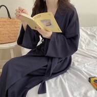 D0801 Waffle Solid Color Long-Sleeved Thickened Long Nightgown Women Spring Autumn Bathrobe Kimono S