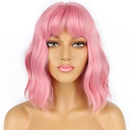 Pastel Bob Wigs with Bangs for Women Loose Wavy Wig Pastel Wavy Shoulder Length Bob Synthetic Cospla