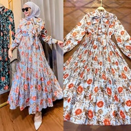 Women Muslim Kaftans Dress Middle East Muslimah Printed Long Dress Casual Long Sleeve Ruffle Hem Dre