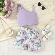 1-8 Years Kids Girl Summer 2pcs Clothing Set Solid Color Purple One Shoulder Tops with Floral Shorts