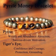 Pyrite Money 8mm Bracelet• Natural Crystals Pyrite & Tiger’s Eye•
