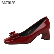 [5cm] BIGTREE Women's Thick High Heels 6291-H89 Square Toe Shallow Mouth Patent Leather Comfortable 