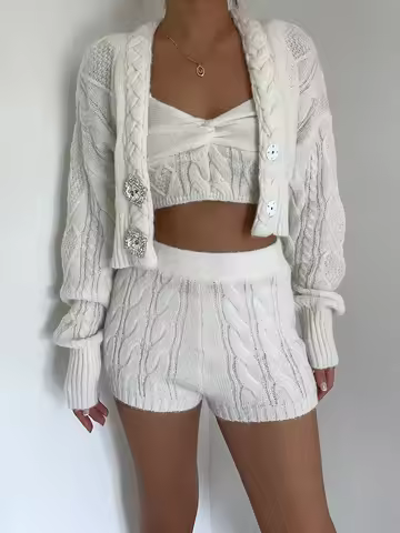 Two Pieces Set, 3 Piece Set, Solid Outfit Button Crystal Rhinestone Sweater Coat Crop Top, Elastic W