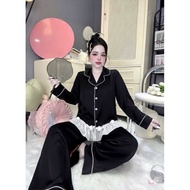 Women's Pajamas Set Long Pants Pleated Long Sleeve Shirt Stone Buttons Latin Silk Freesize 40-60kg