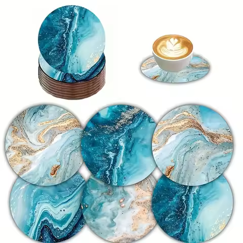2D Flat 6pcs Blue Ocean Round Wooden Coasters & Placemats Set - Home, Cafe, Party Table Decor, Durab