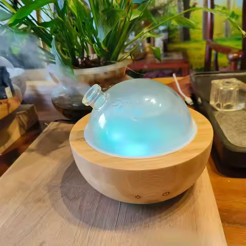 Glass Essential Oil Diffuser with Real Wood Base, 200ml Ultrasonic Aromatherapy Diffuser, Glass Dome