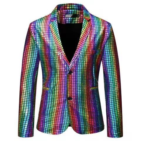 Colorful Sequined Blazer Shiny Metallic Suit Jacket for Men Night Out Wear Performance Party 70s Dis