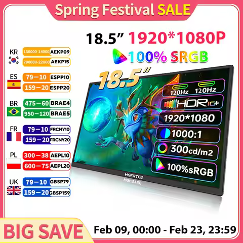 HGFRTEE 18.5inch Portable Monitor ADS-IPS 120Hz RGB100% Extended Display Laptop Second Screen With V