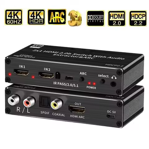 4K HDMI Switcher Audio Extractor 2 in 1 Out Selector with R/L+Toslink SPDIF+COAXIAL Audio out HDMI A