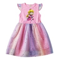 Super Mario Girls Dress Rainbow Princess Dress Kids Birthday Party Dress Children Ball Gown Halloween Cosplay Costume
