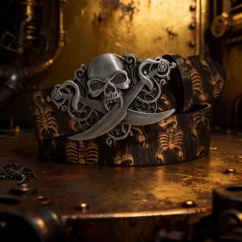 Men's coffee-colored punk dark style Y2K pirate skull scorpion pattern embossed belt, Halloween part