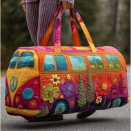 16X8X8 inches Trendy 3D Quilted Duffle Bag Large Capacity Bus Design Travel Handbag Retro Boho Sturd