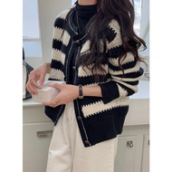 Korean Version Soft Waxy Sweater Jacket Women Design Niche Black White Striped Knitted Cardigan Shor