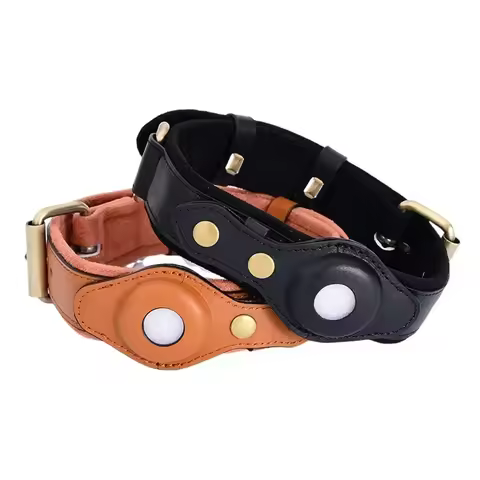 Genuine Leather Dog Collar Heavy Duty Dog Necklace For IPhone Airtag Holder Case Pet GPS Location Tr