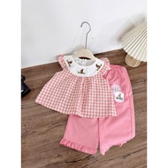 B04 Bộ quần áo bé gái Set áo caro tay tiên cổ thêu kèm quần dài phối bèo cho bé gái