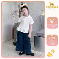 Set of cotton lotus collar shirt embroidered with the word ALO and polka dot down jeans for girls - 