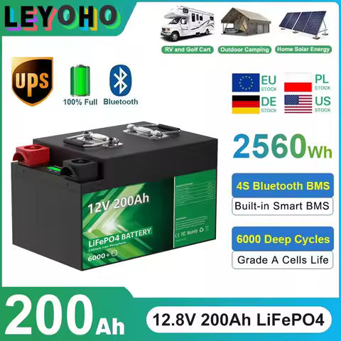 LiFePO4 12V 200Ah Battery Pack 2.56Kwh 6000+ Cycles Bluetooth 12.8V 100Ah 300Ah Lithium Battery For 