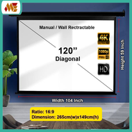 120" 16:9 Manual & Wall Retractable Ceiling Mount Projector Screen (104 Inch x 59 Inch)