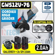 BOSCH GWS12-76V-EC CORDLESS ANGLE GRINDER C/W 1x GAL1210CV CHARGER + 2X 12V 2.0AH BATTERY(GWS1276VEC