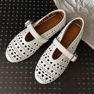 8JBV Alaia 2025New Summer Style Shallow Mary Jane Shoes for Women, Round Toe Genuine Leather Hollow 