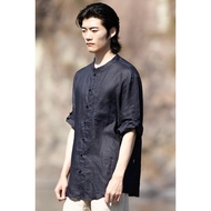 100% Linen Three-Quarter Sleeve Shirt Men's Ethnic Style Stand-Up Collar Buttoned Cicada Wing Thin S