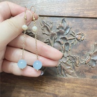 ☒▨¤A touch of blue. Natural Large 10mm Aquamarine Long Simple Earrings 14k Gold