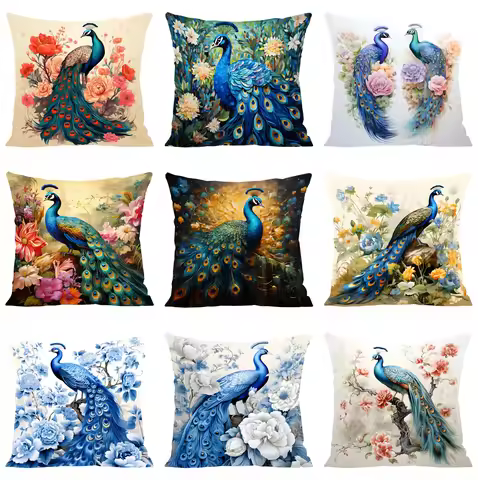 Nordic Style Oil Painting Peacock Cushion Cover 45x45cm Cotton Linen Sofa Cushion Cover, Home Decora
