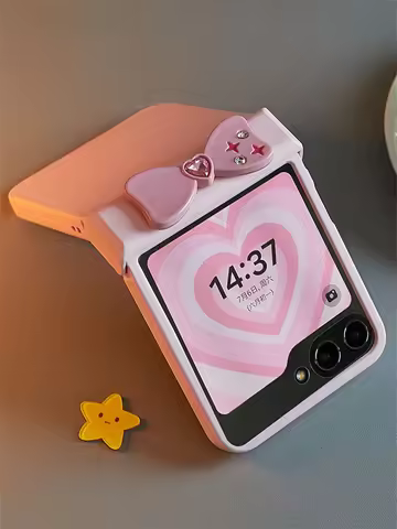 Korean ins Pink Star Diamond Bow Solid Color Phone Case with Screen Protector for Galaxy Z Flip 7 Z 