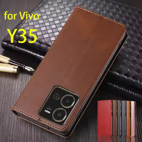 Magnetic Attraction Cover Leather Case for Vivo Y35 (4G) 6.58" Flip Case Card Holder Holster Vivo Y3