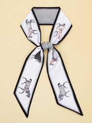 1入組女士黑色和白色馬圖案領圍巾,多功能時尚絲巾適用於包,頭髮,領