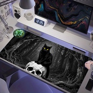 Glowing Yellow Eyes Black Cat Cracked Skull Dark Gloomy Monochrome Forest Extended Gaming Mouse Pad,